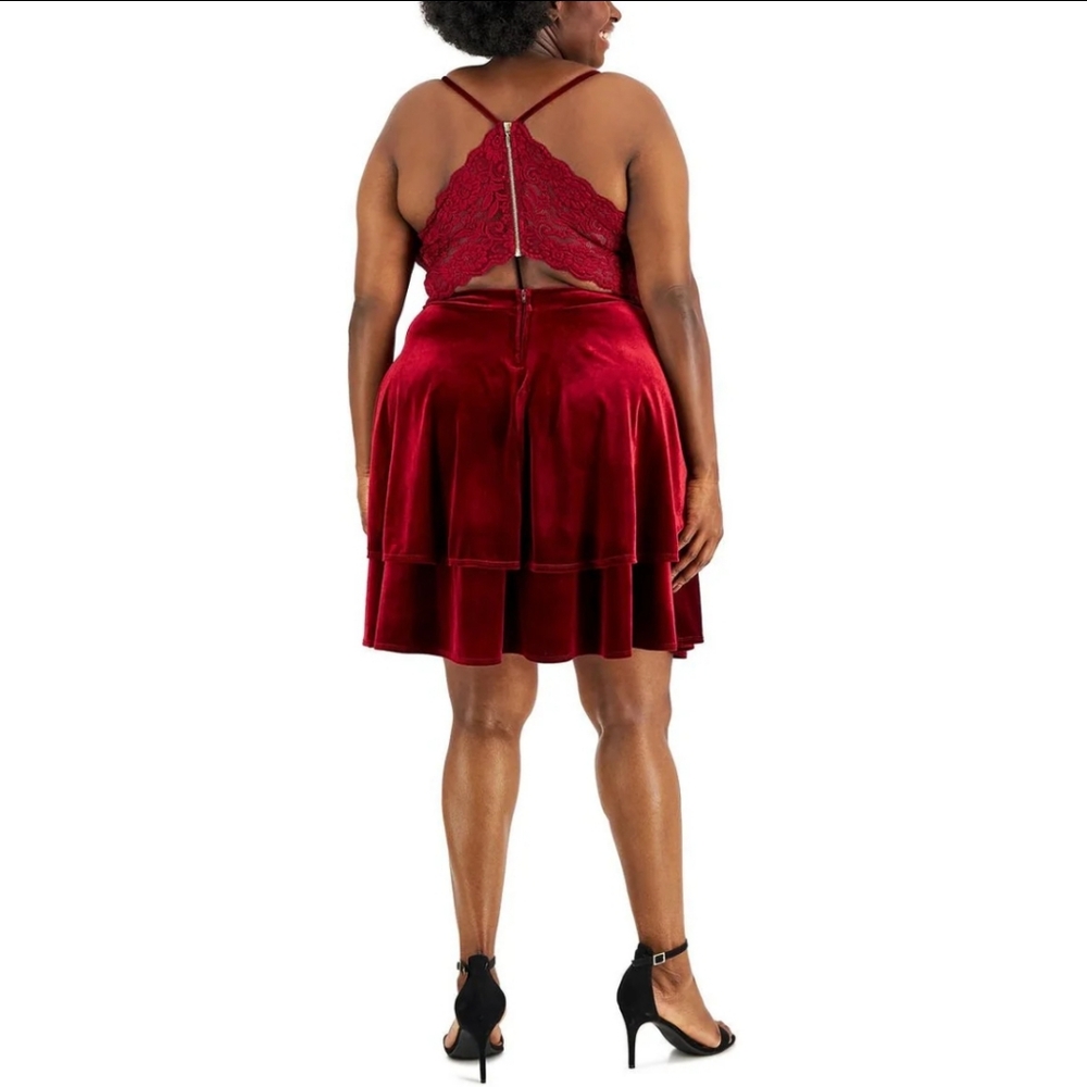 NWT B Darlin 16W Red Wine Velvet Lace Back Mini Dress Cocktail Party 2963-N - Picture 3 of 5